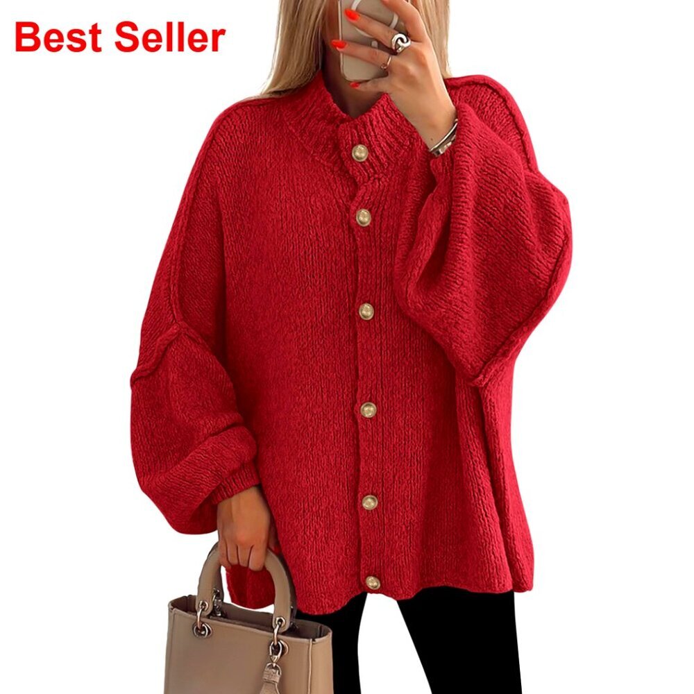 Chunky Knit Cardigan Sweater Mock Neck Lantern Sleeve Winter Outerwear